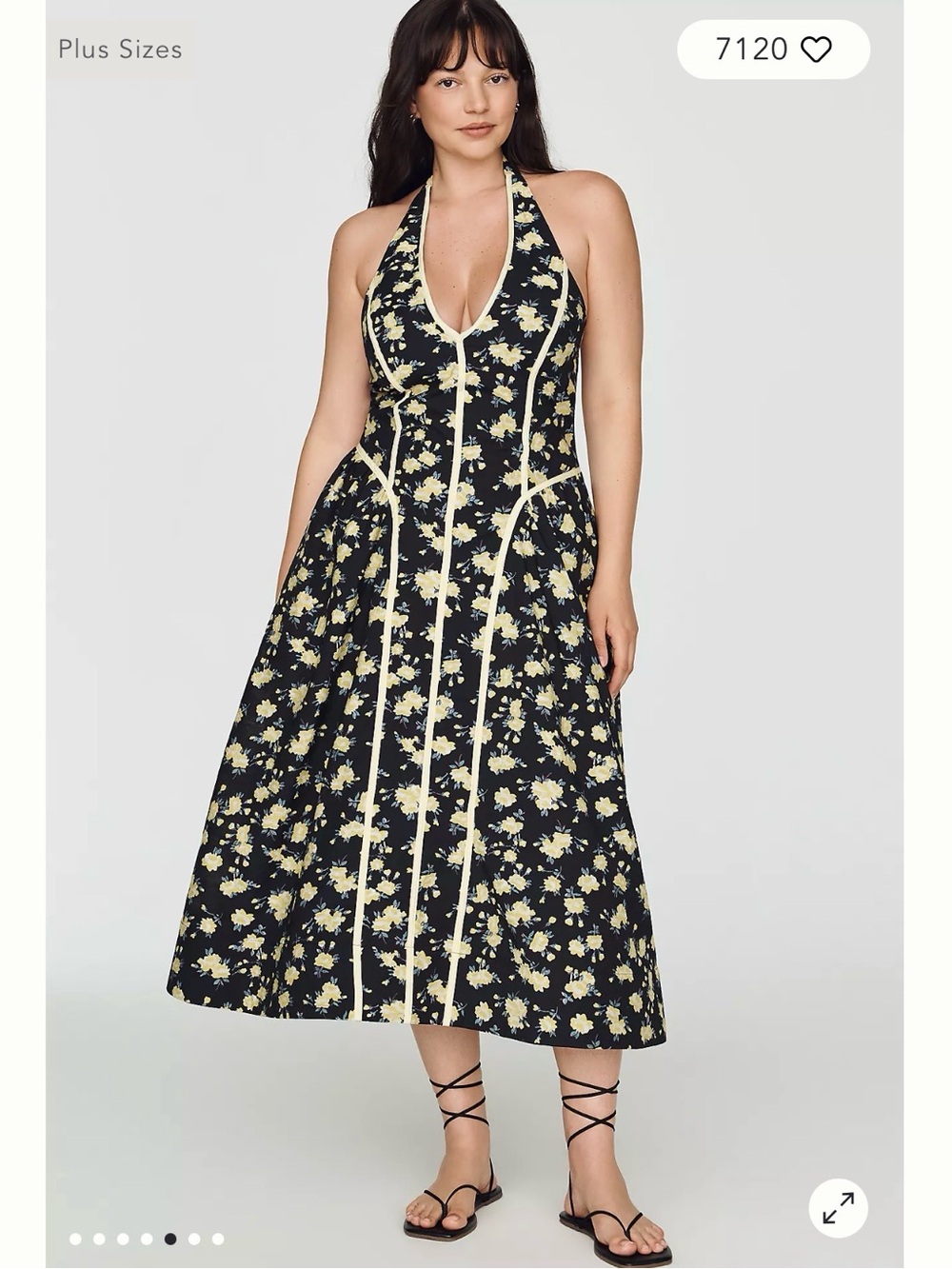 Anthropologie Black Midi Halter Dress with Yellow Floral Print